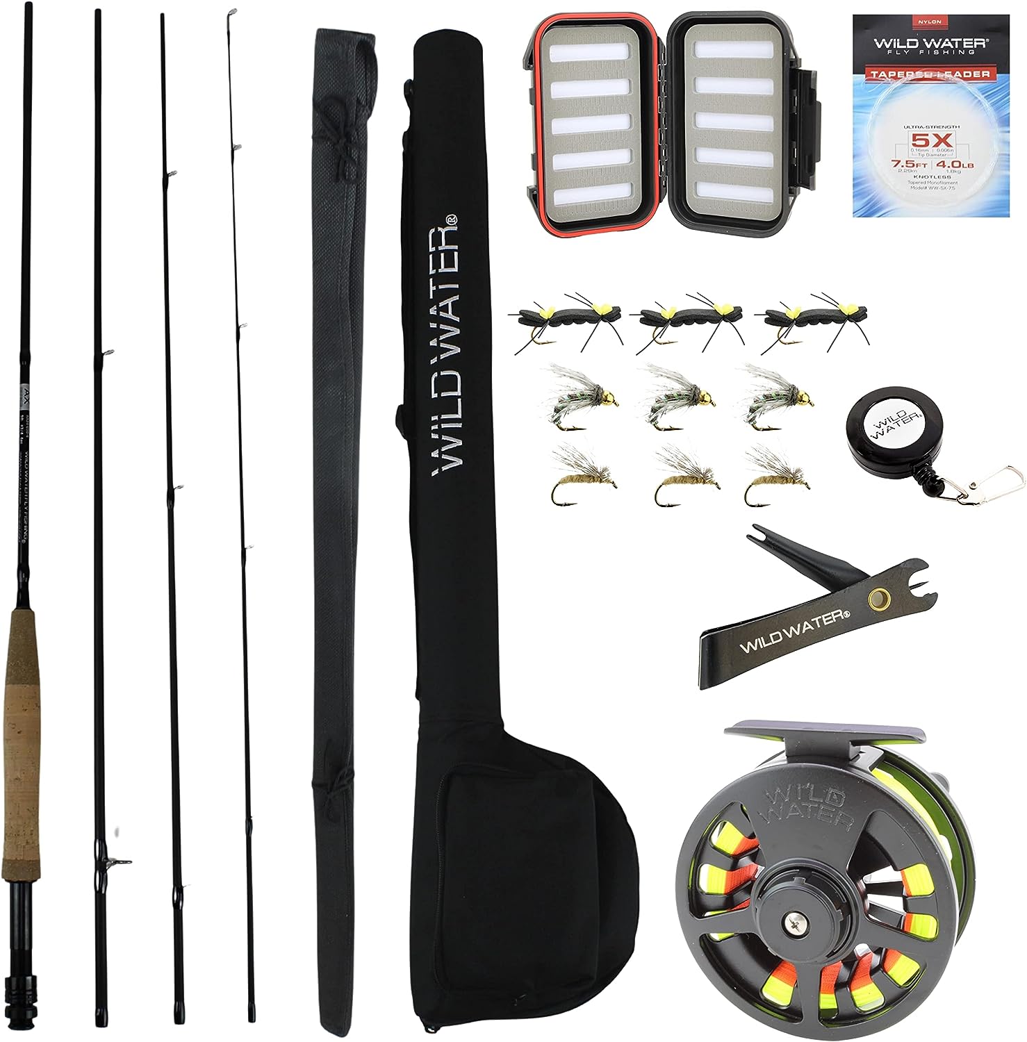 Wild Water Standard Fly Fishing Combo Starter Kit 5 or 6 Weight 9 Foot Fly Rod 4-Piece Graphite Rod with Cork Handle Accessories Die Cast Aluminum Re